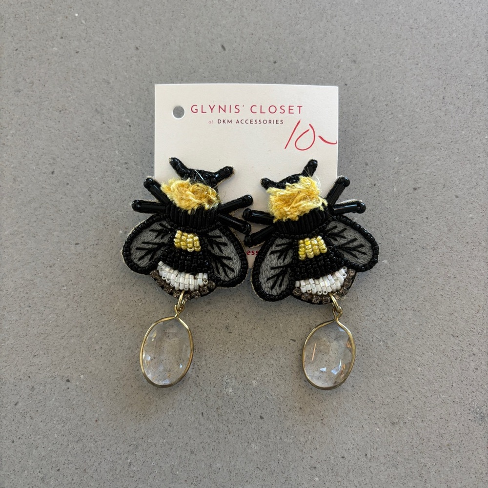 Bee Embroidered Earrings with Crystal Drop